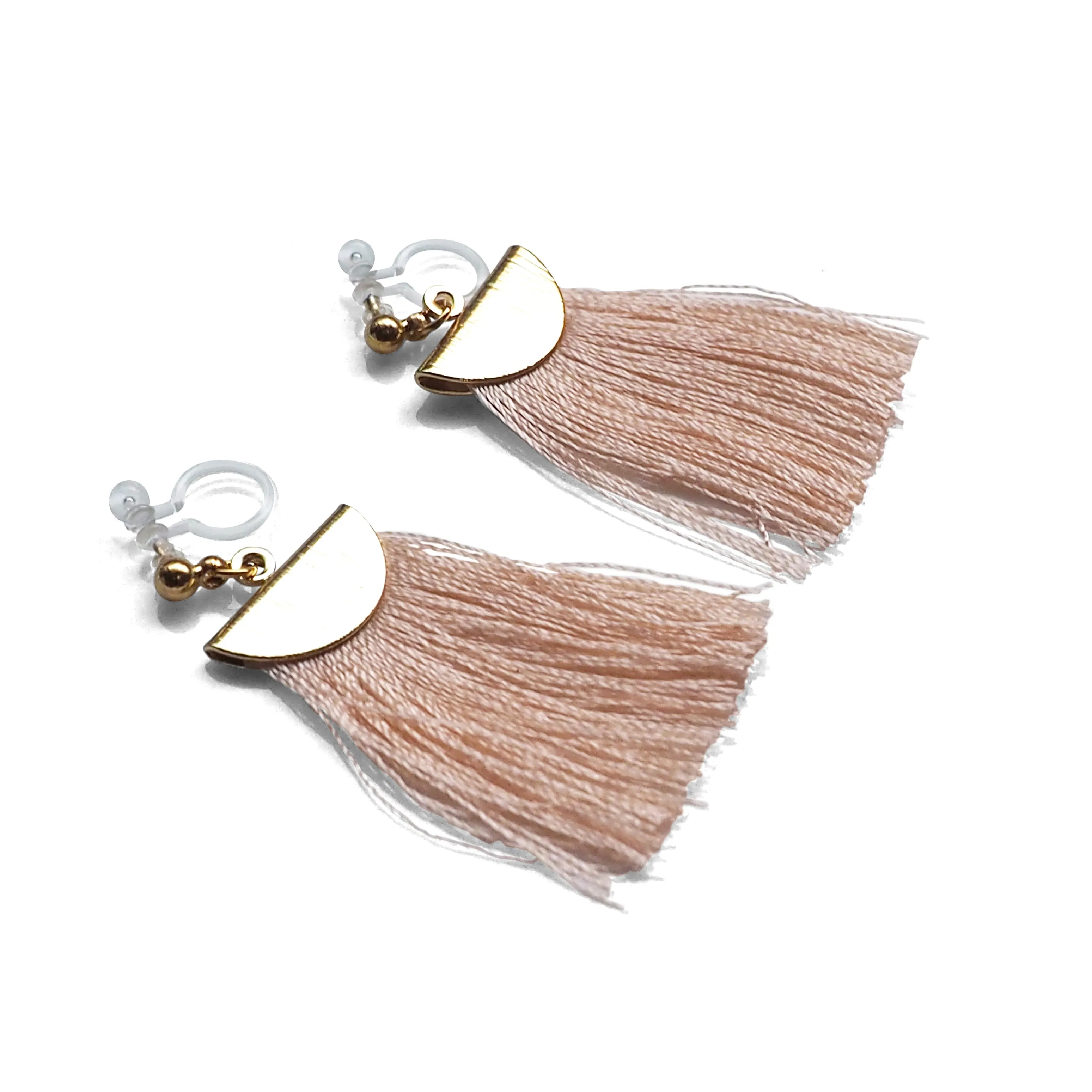Peachy orange flat tassel invisible clip on earrings