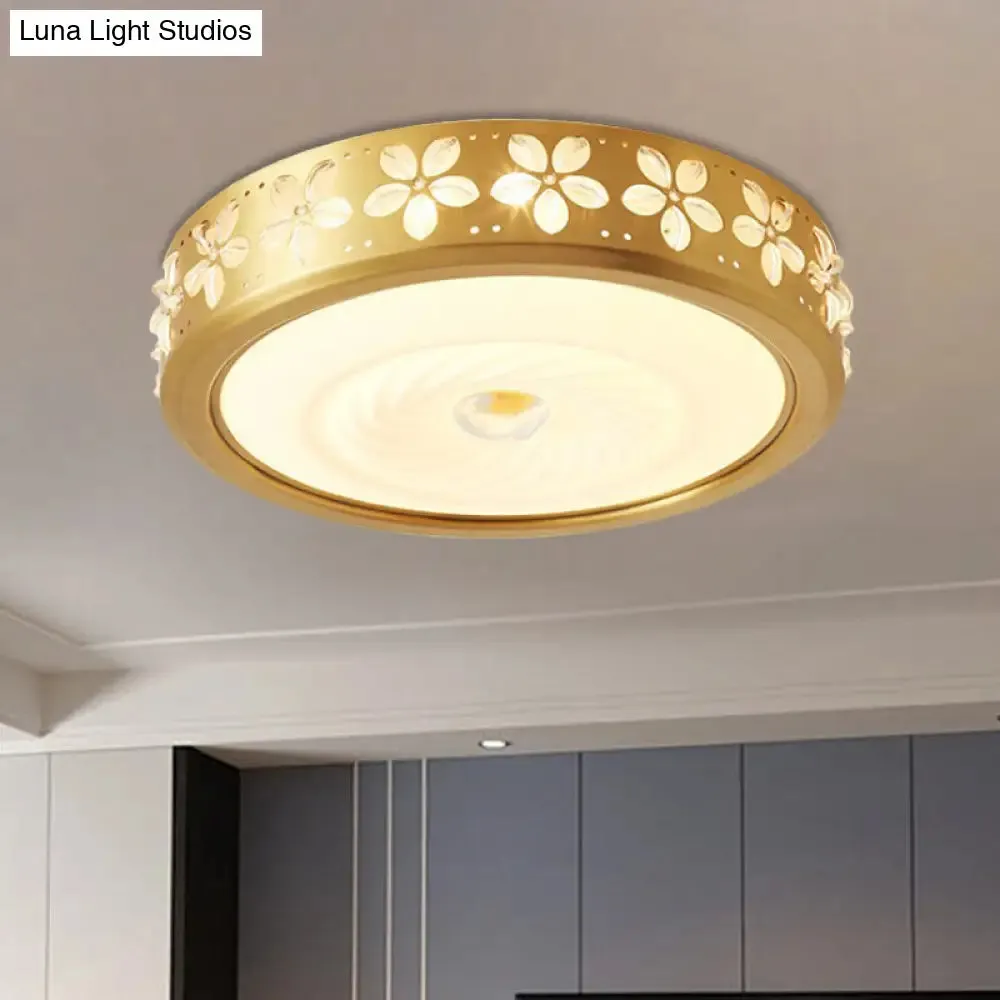 Rustic Drum Style Flush Light with Cream Glass & LED, Ceiling Mounted Fixture, Brass"