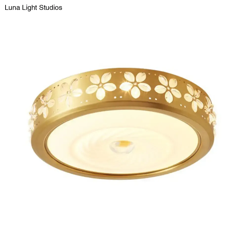 Rustic Drum Style Flush Light with Cream Glass & LED, Ceiling Mounted Fixture, Brass"