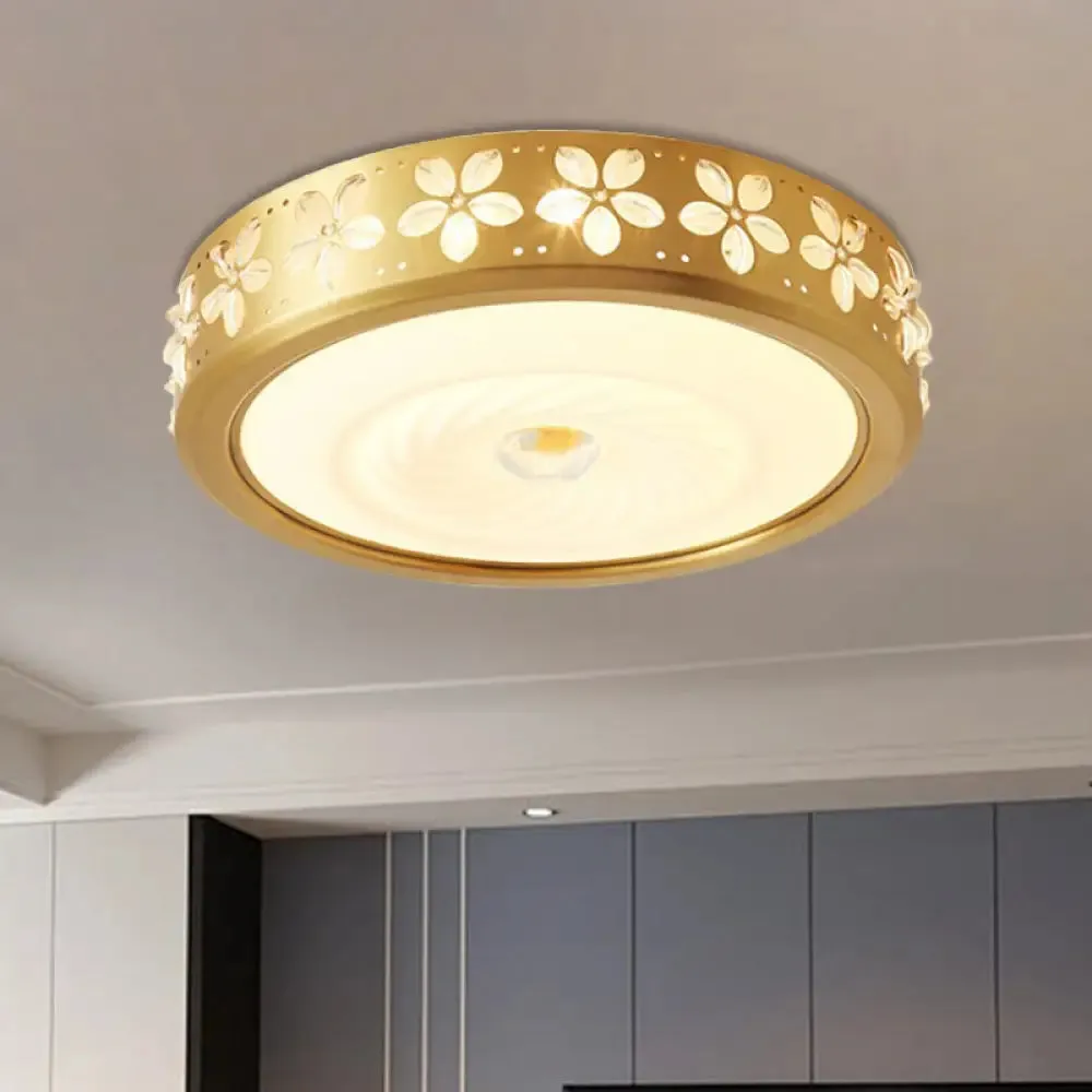 Rustic Drum Style Flush Light with Cream Glass & LED, Ceiling Mounted Fixture, Brass"