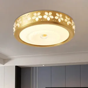 Rustic Drum Style Flush Light with Cream Glass & LED, Ceiling Mounted Fixture, Brass"