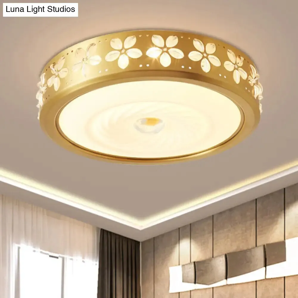 Rustic Drum Style Flush Light with Cream Glass & LED, Ceiling Mounted Fixture, Brass"