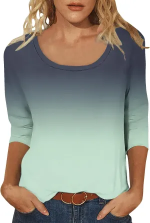 Scoop Neck 3/4 Sleeve Tees for Women Dressy Casual Gradient Tunic Solid Color Block Tops Blouses Summer Stripes Tee