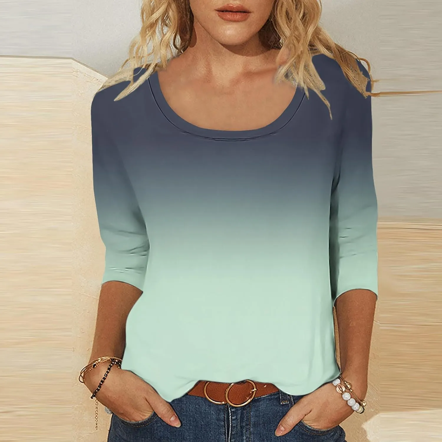 Scoop Neck 3/4 Sleeve Tees for Women Dressy Casual Gradient Tunic Solid Color Block Tops Blouses Summer Stripes Tee