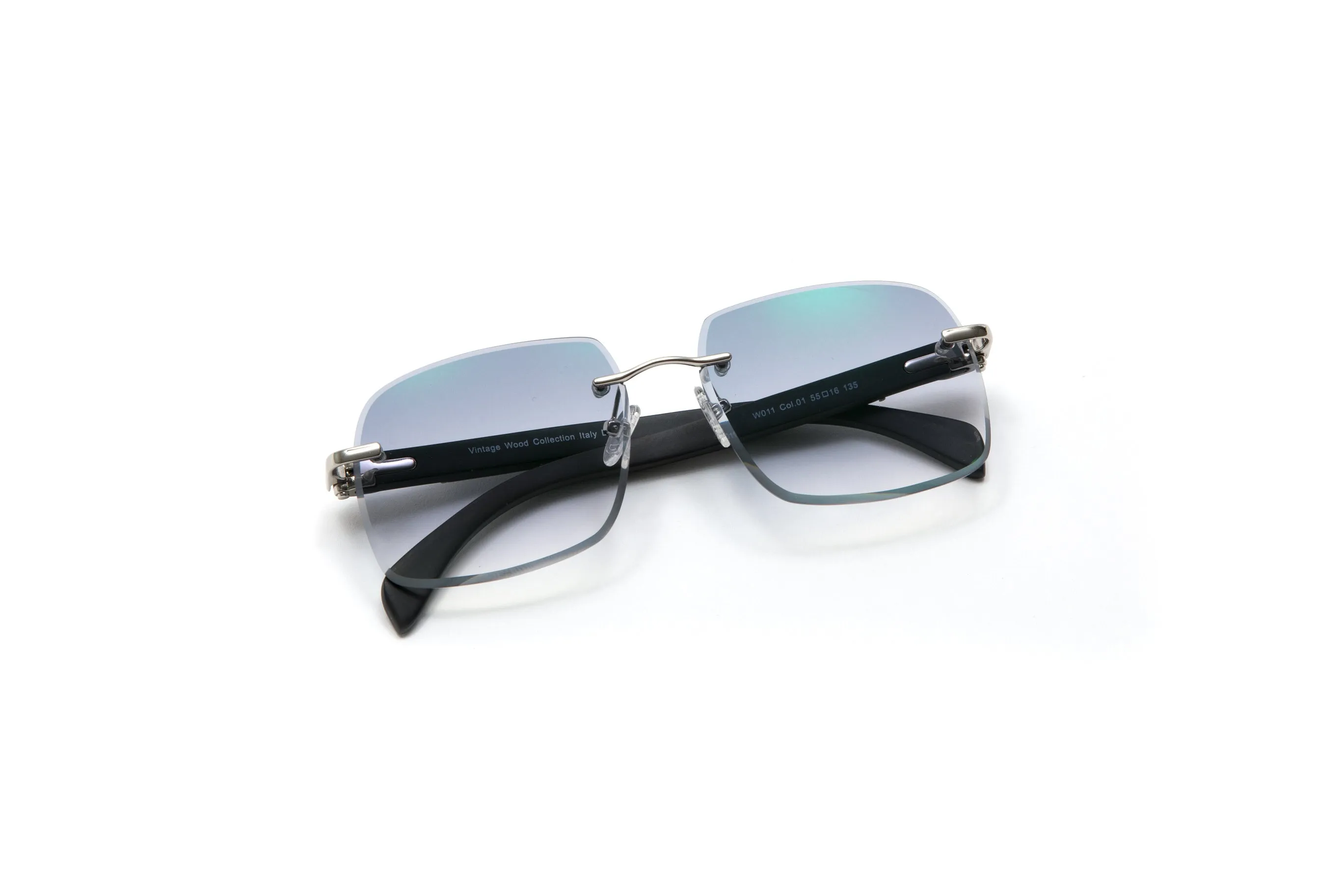 Silver & Black Wood Sunglasses, Gradient Grey Square Lenses
