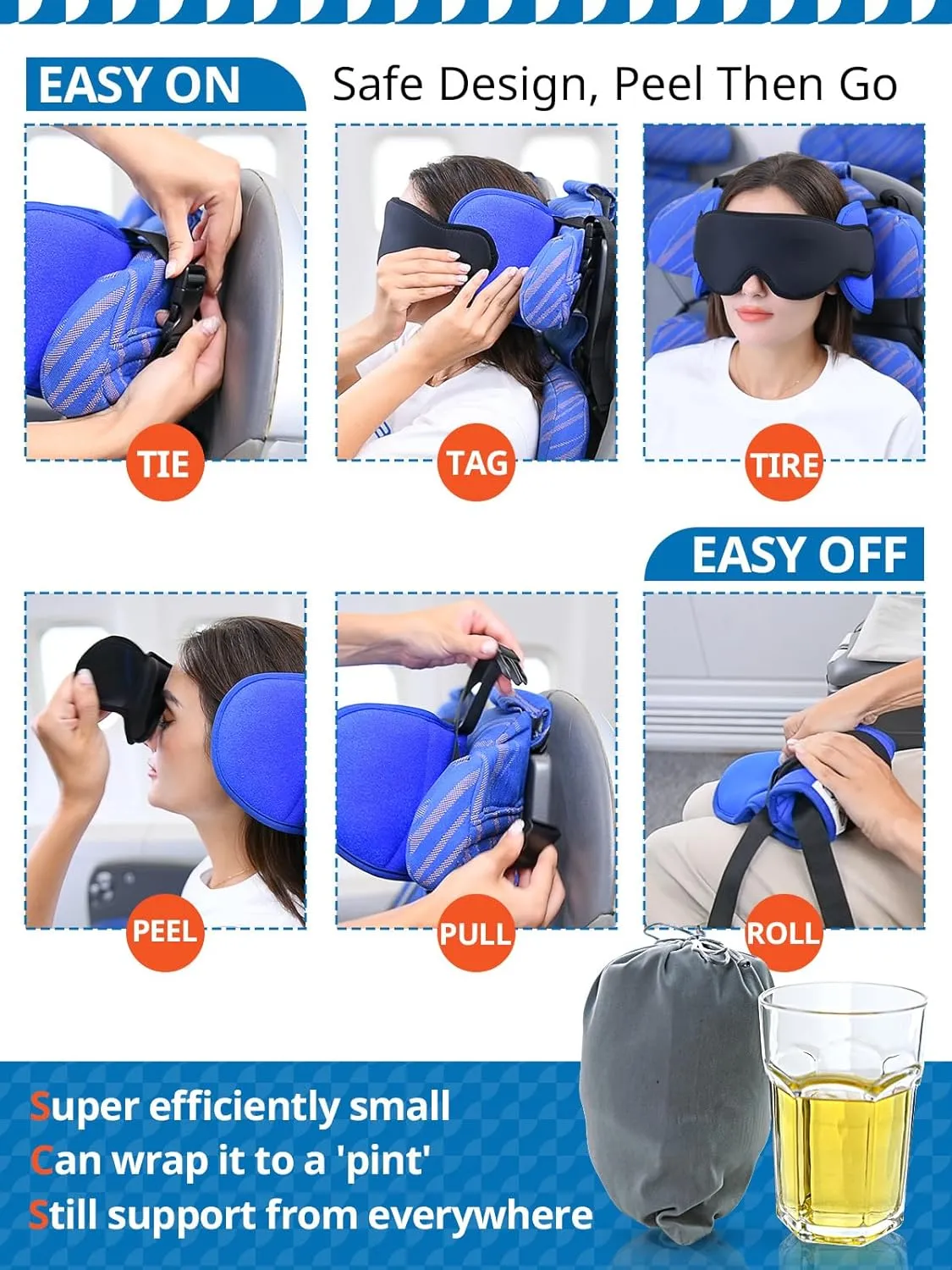 Travel Pillows for Airplanes, Airplane Pillow for Long Flight, Airplane Head Strap with Sleep Eye Mask, 360 Headrest for Car Trip, Stop Bobblehead, FSA HSA Eligible Approved, Mottled Blue