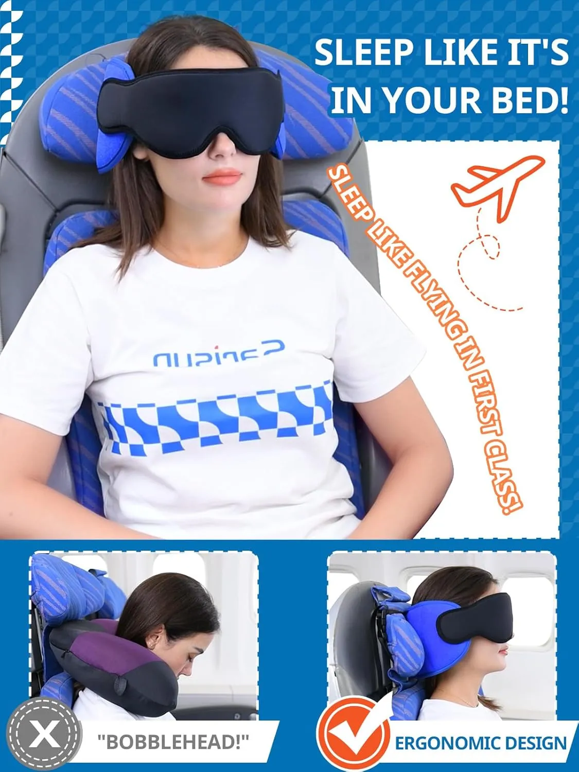 Travel Pillows for Airplanes, Airplane Pillow for Long Flight, Airplane Head Strap with Sleep Eye Mask, 360 Headrest for Car Trip, Stop Bobblehead, FSA HSA Eligible Approved, Mottled Blue
