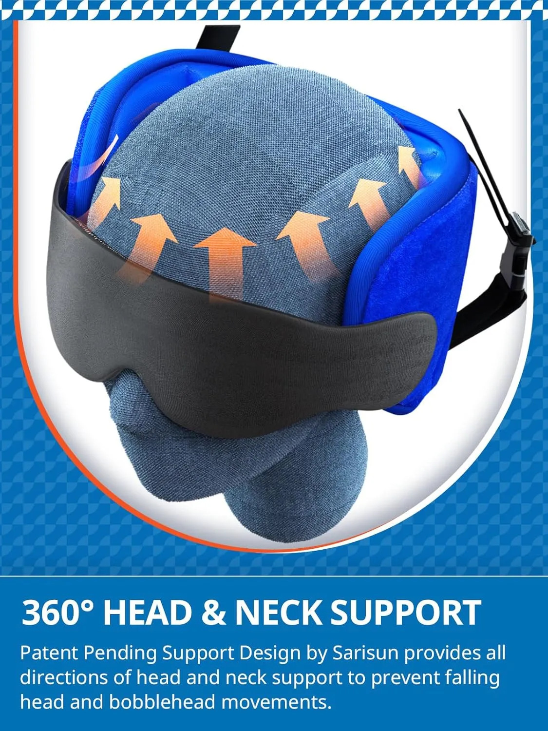 Travel Pillows for Airplanes, Airplane Pillow for Long Flight, Airplane Head Strap with Sleep Eye Mask, 360 Headrest for Car Trip, Stop Bobblehead, FSA HSA Eligible Approved, Mottled Blue