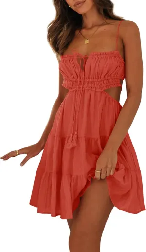 Wenrine Women's Summer Beach Mini Dress Adjustable Spaghetti Straps Sexy Backless Tiered Sleeveless Boho Dresses