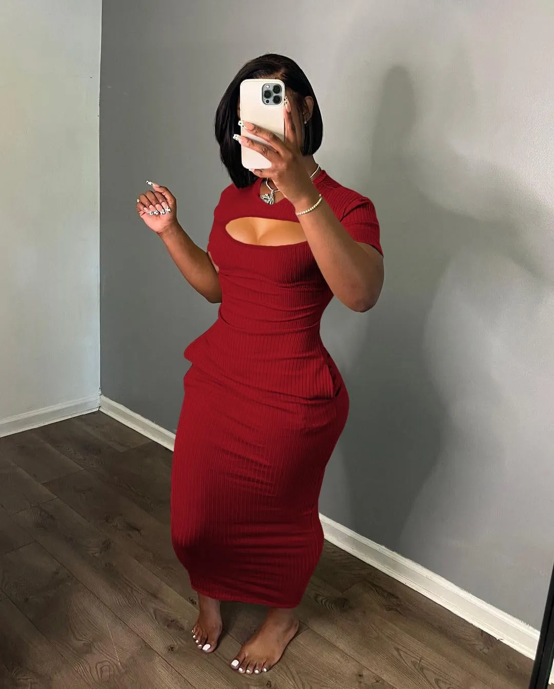 Women's Casual Short Sleeve Dress T Shirt Bodycon Dresses Ribbed V Neck Maxi Sundress Basic Party Club Dress with Pocket
