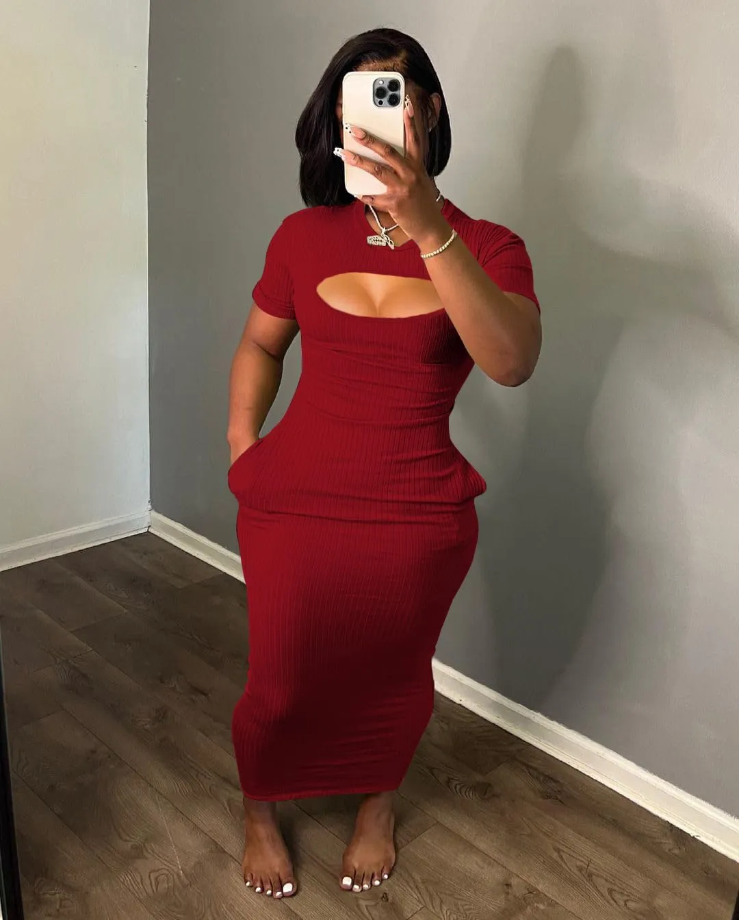 Women's Casual Short Sleeve Dress T Shirt Bodycon Dresses Ribbed V Neck Maxi Sundress Basic Party Club Dress with Pocket