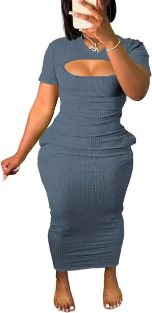Women's Casual Short Sleeve Dress T Shirt Bodycon Dresses Ribbed V Neck Maxi Sundress Basic Party Club Dress with Pocket