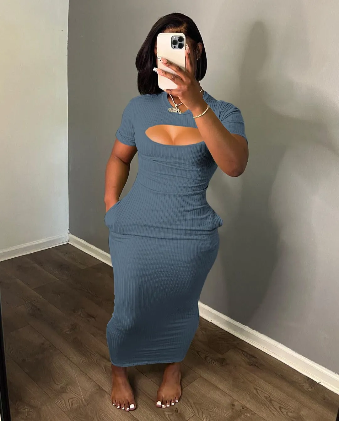 Women's Casual Short Sleeve Dress T Shirt Bodycon Dresses Ribbed V Neck Maxi Sundress Basic Party Club Dress with Pocket