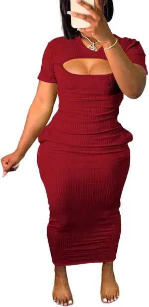 Women's Casual Short Sleeve Dress T Shirt Bodycon Dresses Ribbed V Neck Maxi Sundress Basic Party Club Dress with Pocket