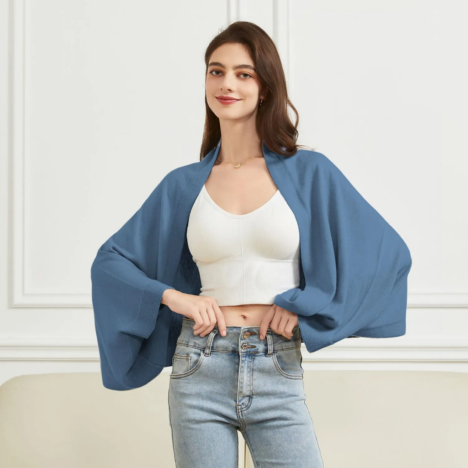 Women's Lightweight Wool Shawl Wrap Scarf with Sleeves Outer Warm Knitted Open Front Poncho Cape Fall Winter