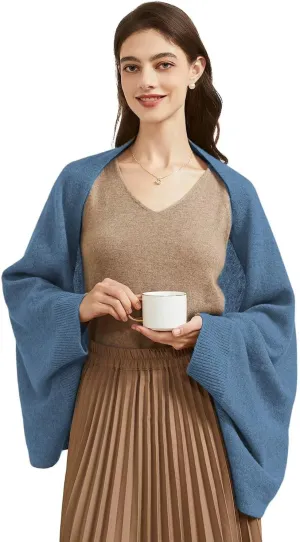 Women's Lightweight Wool Shawl Wrap Scarf with Sleeves Outer Warm Knitted Open Front Poncho Cape Fall Winter