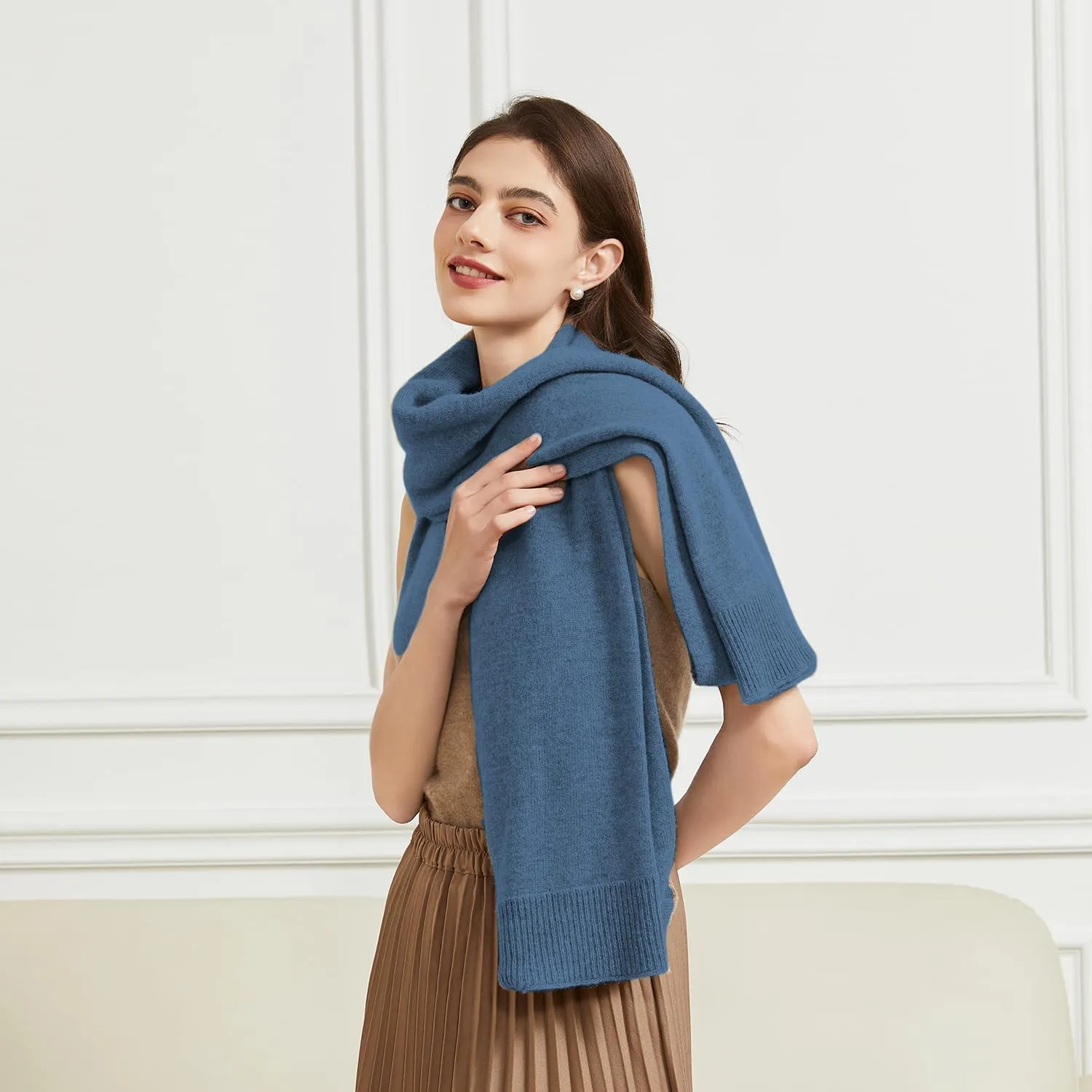 Women's Lightweight Wool Shawl Wrap Scarf with Sleeves Outer Warm Knitted Open Front Poncho Cape Fall Winter