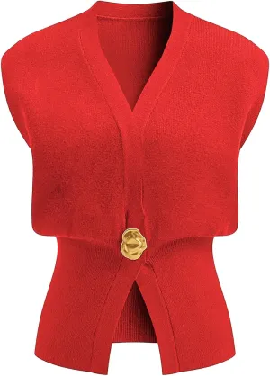 Womens Sleeveless Sweater Vest Deep V Neck Button Down Waist Cinched Knit Trendy Solid Pullover Tank Tops