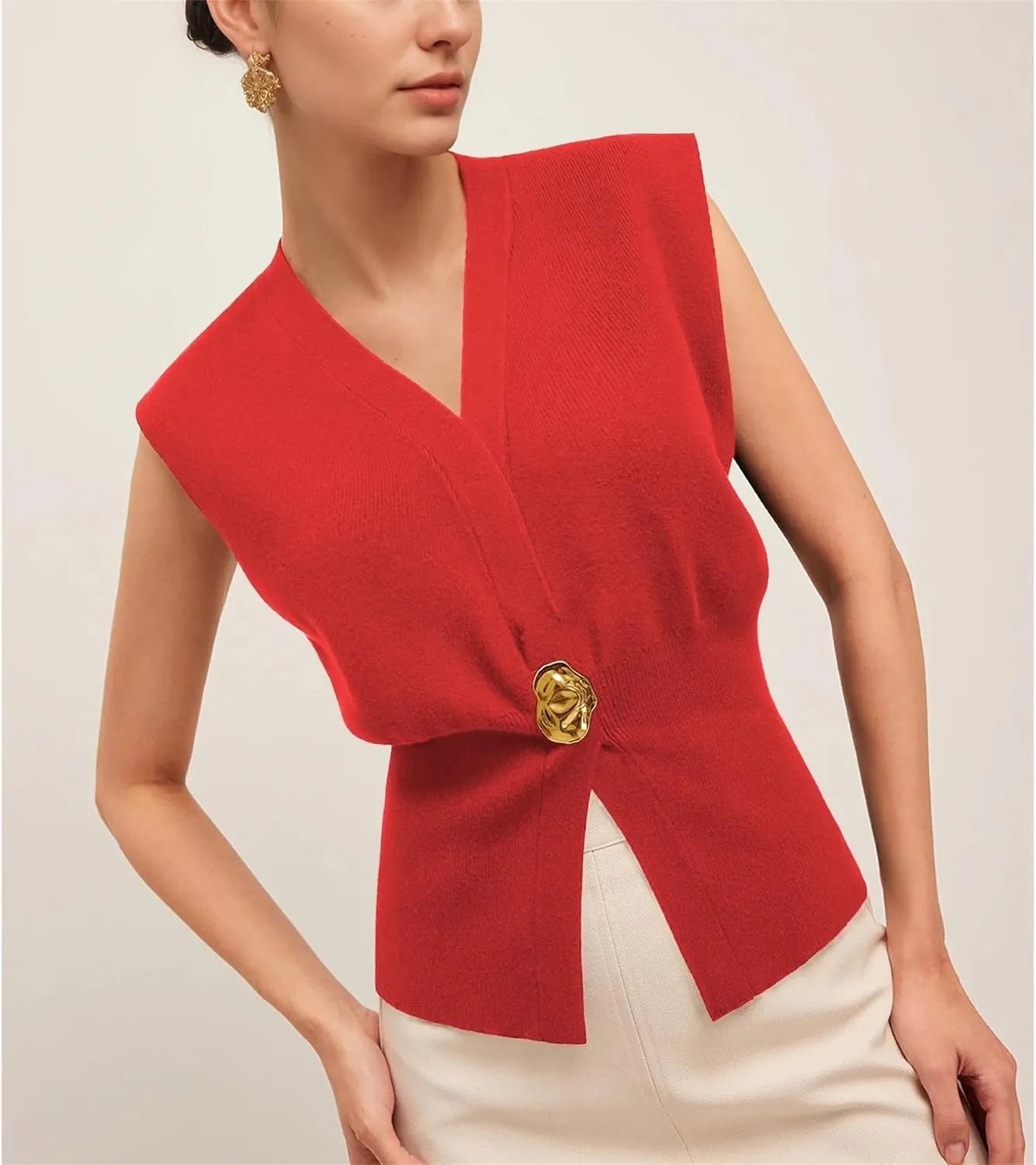 Womens Sleeveless Sweater Vest Deep V Neck Button Down Waist Cinched Knit Trendy Solid Pullover Tank Tops